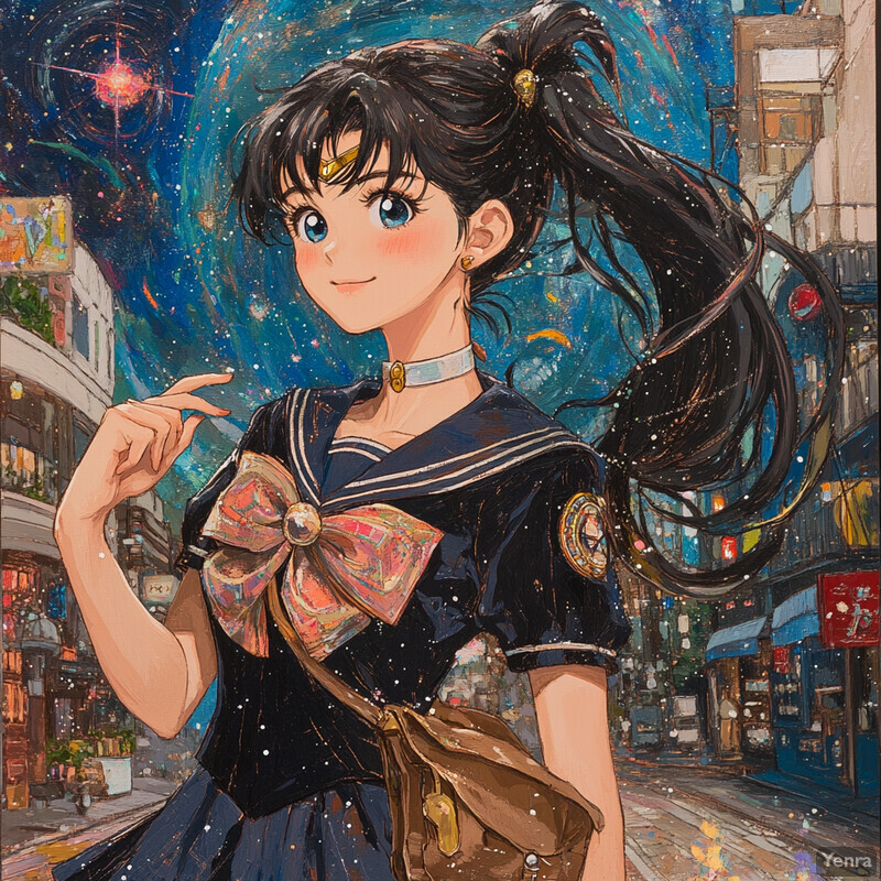 Anime-style girl in a sailor fuku poses on an urban street