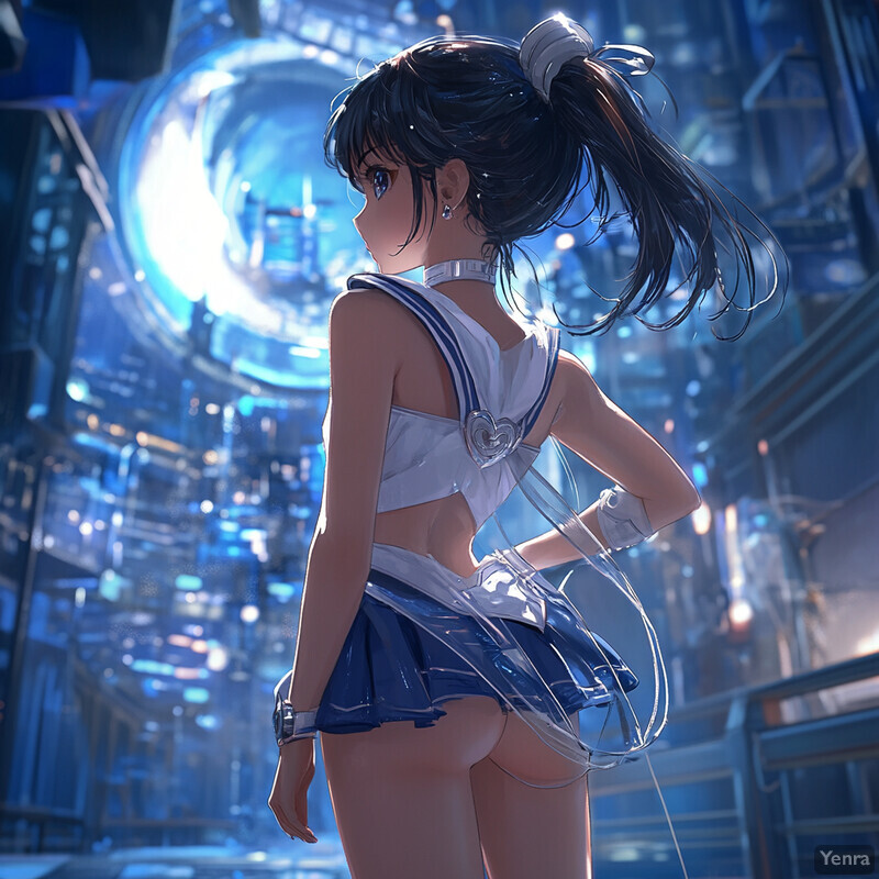 Anime-style illustration of a young woman in a futuristic setting