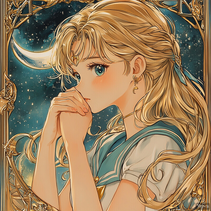 Anime-style illustration of a young woman in a white shirt with gold accents, set against a starry night sky.