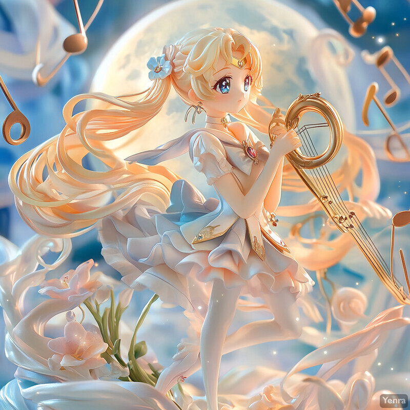 A cartoon-style illustration of a young girl with a harp in front of a large moon.