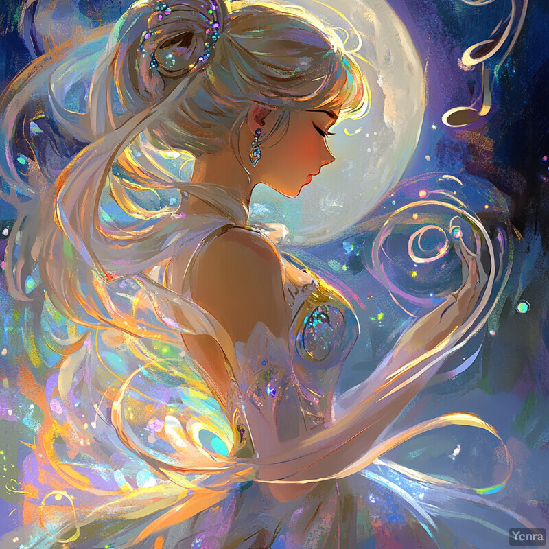 A serene and ethereal image of a woman in a flowing white dress, surrounded by an otherworldly glow.