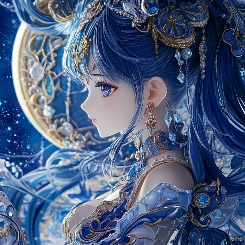 Anime-style illustration of a woman in blue dress against a moonlit sky