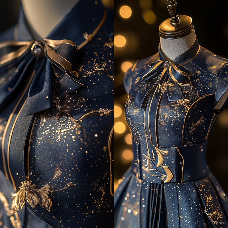 A close-up view of a dark blue dress with gold accents on a mannequin, set against a blurred background with hints of gold lights.