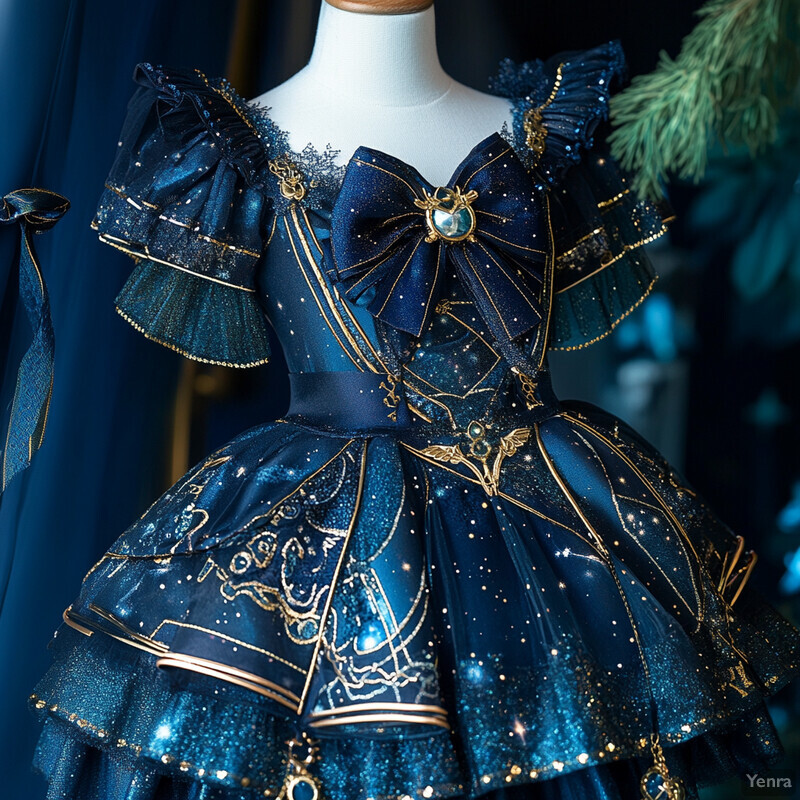 A navy-blue dress with gold embroidery on a white mannequin or dress form, set against a dark blue curtain backdrop.