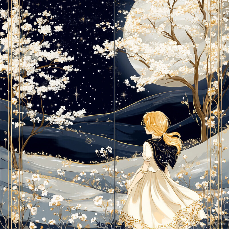 A young girl gazes up at the moon in a beautiful meadow surrounded by flowers and trees.