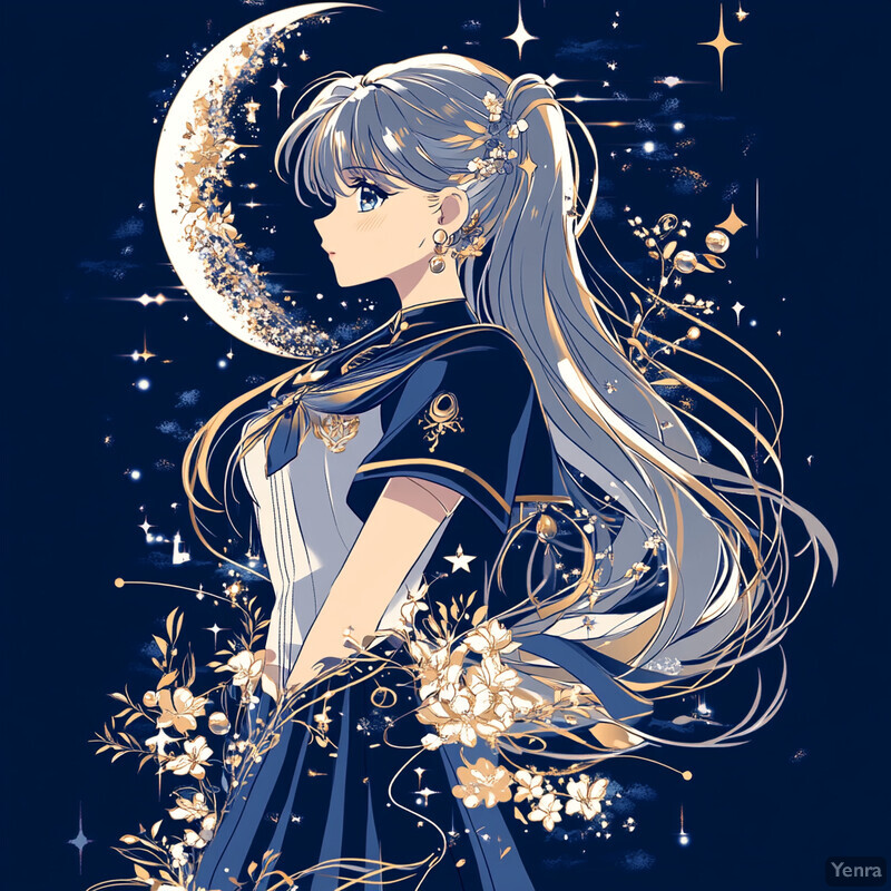 An anime-style illustration of a woman set against a crescent moon and stars, evoking elegance and sophistication.