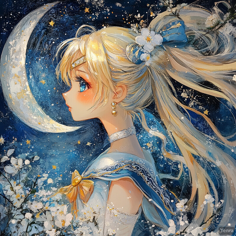 A serene and enchanting scene featuring a girl with long blonde hair, set against a backdrop of a crescent moon and stars.