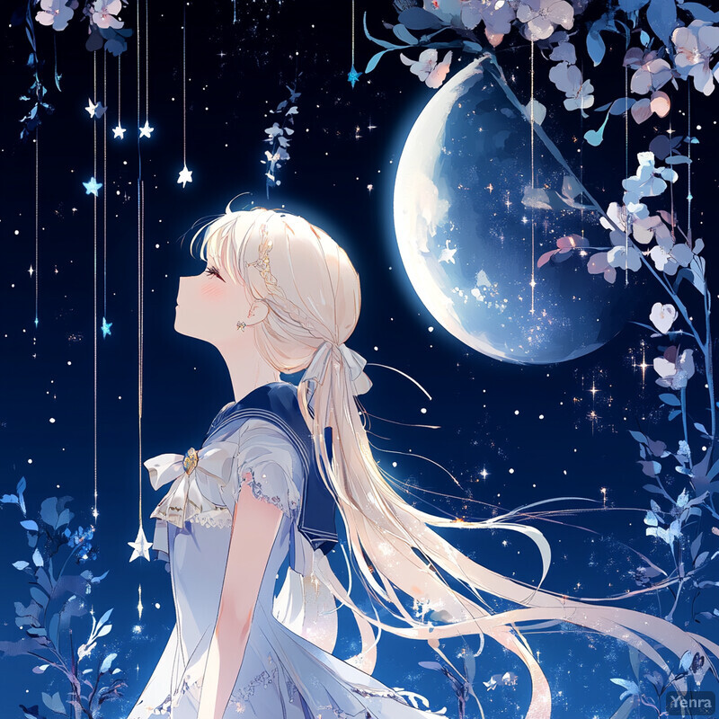 A young girl stands in front of a large moon, gazing up at it with a gentle smile.