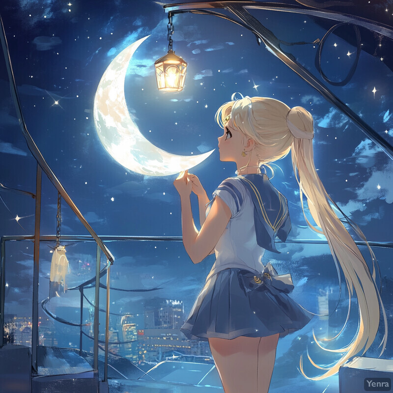 Anime-style girl holding a crescent moon under a starry night sky