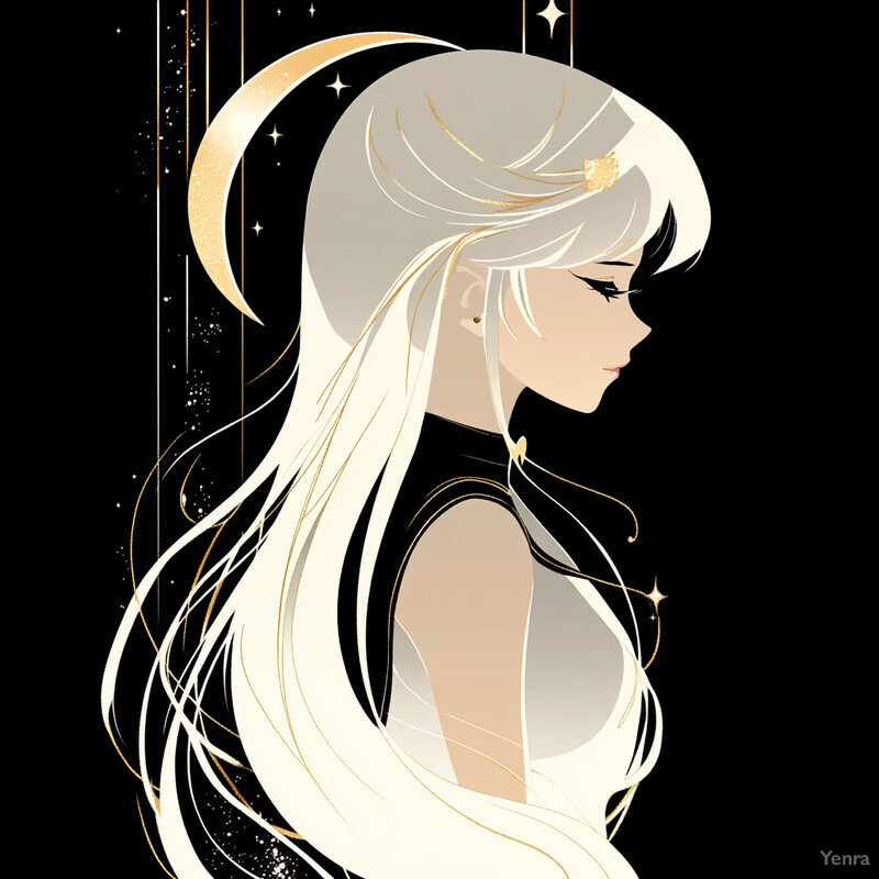 A serene and enchanting scene of a woman with long white hair gazing upwards at the night sky