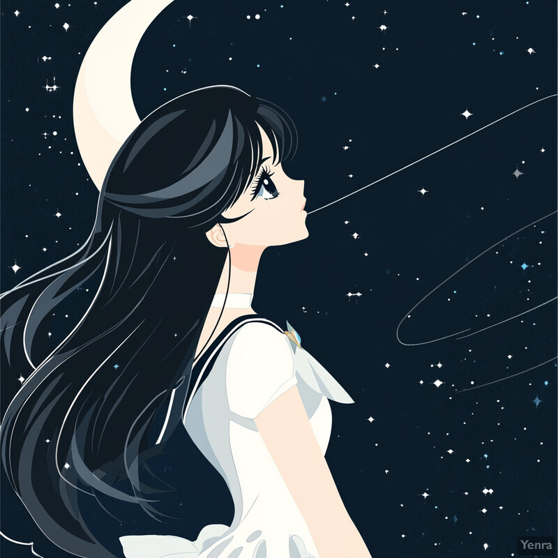 A young girl gazes upwards at the moon in a serene night sky.