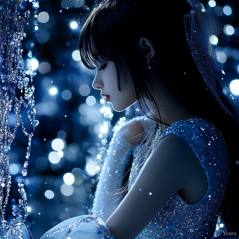 A woman in a blue dress surrounded by sparkling lights and decorations, evoking a sense of sophistication and glamour.