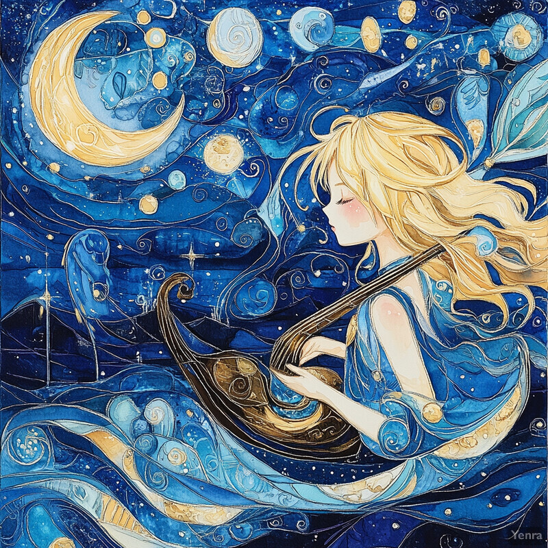 A woman plays a lute under the light of the moon, surrounded by swirling gold patterns in the deep blue sky.