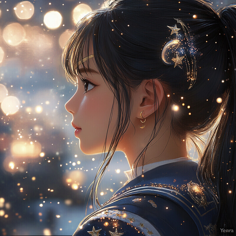 A young girl with long black hair and blue dress, gazing into the distance with a serene expression.