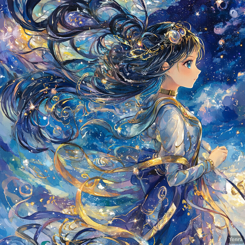 An anime-style illustration of a young woman with long black hair and a blue dress in front of a starry night sky backdrop