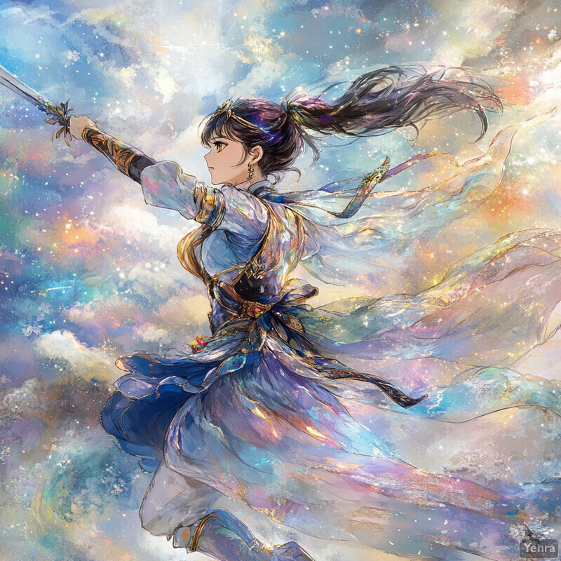 A woman with long dark hair and a flowing blue dress holds a sword, set against a blurred outdoor backdrop.