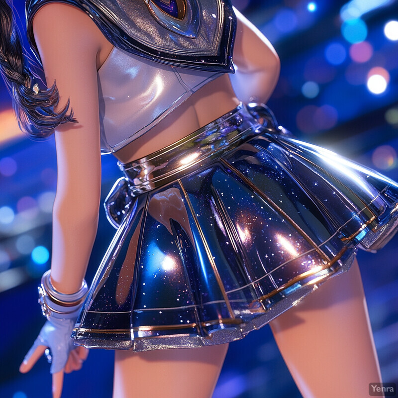 A 3D rendering of a woman in a metallic silver outfit, likely from an anime or manga series, set against a blurred cityscape background.