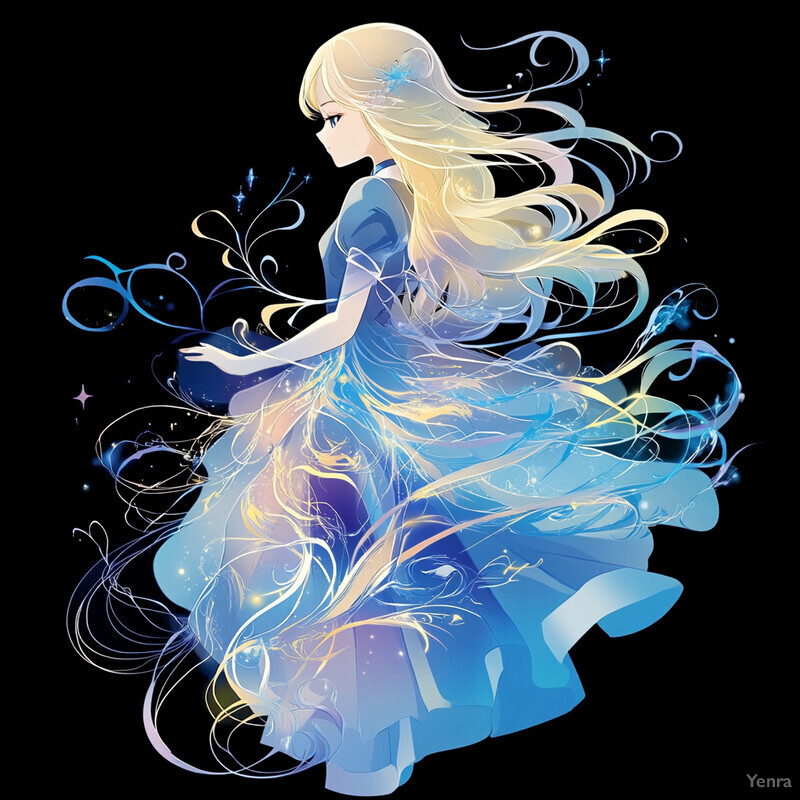 Anime-style illustration of a young woman with long blonde hair and a blue dress, set against a solid gray background.