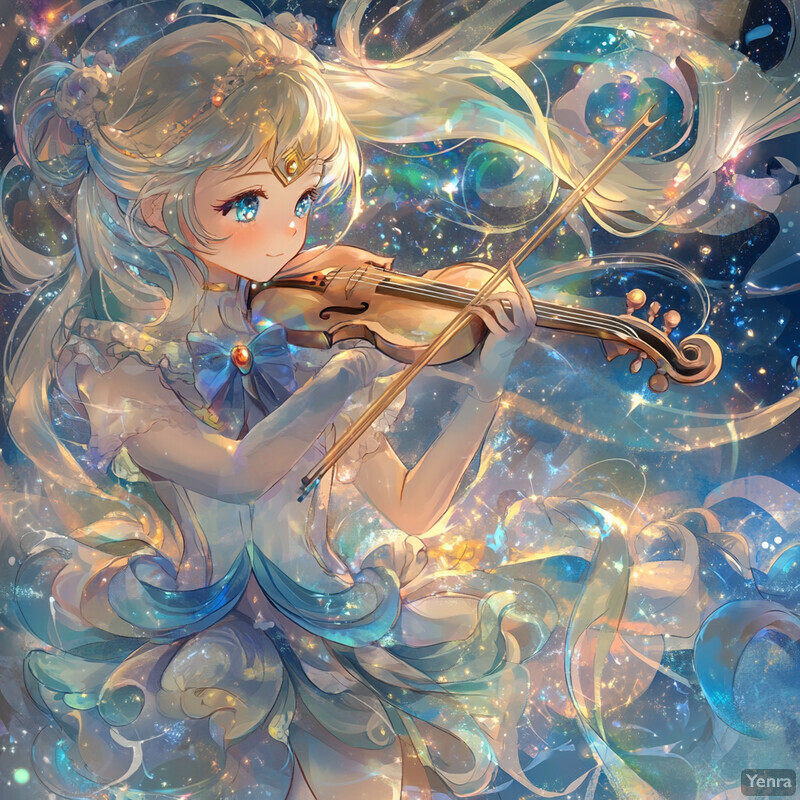 A young girl with long blonde hair in pigtails plays a violin in front of a gray background.