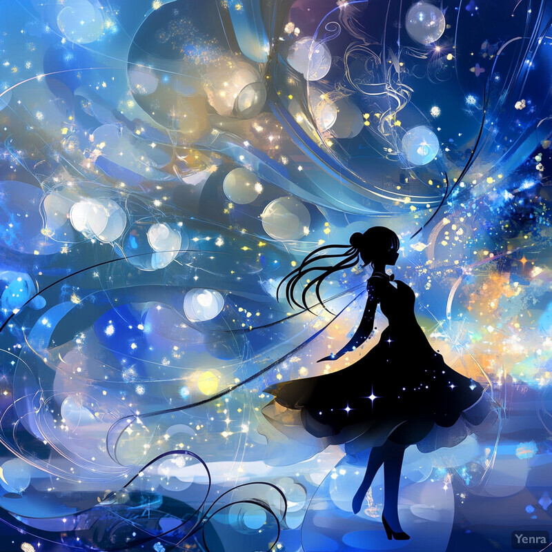 Anime-style illustration of a woman dancing in front of a vibrant nebula background