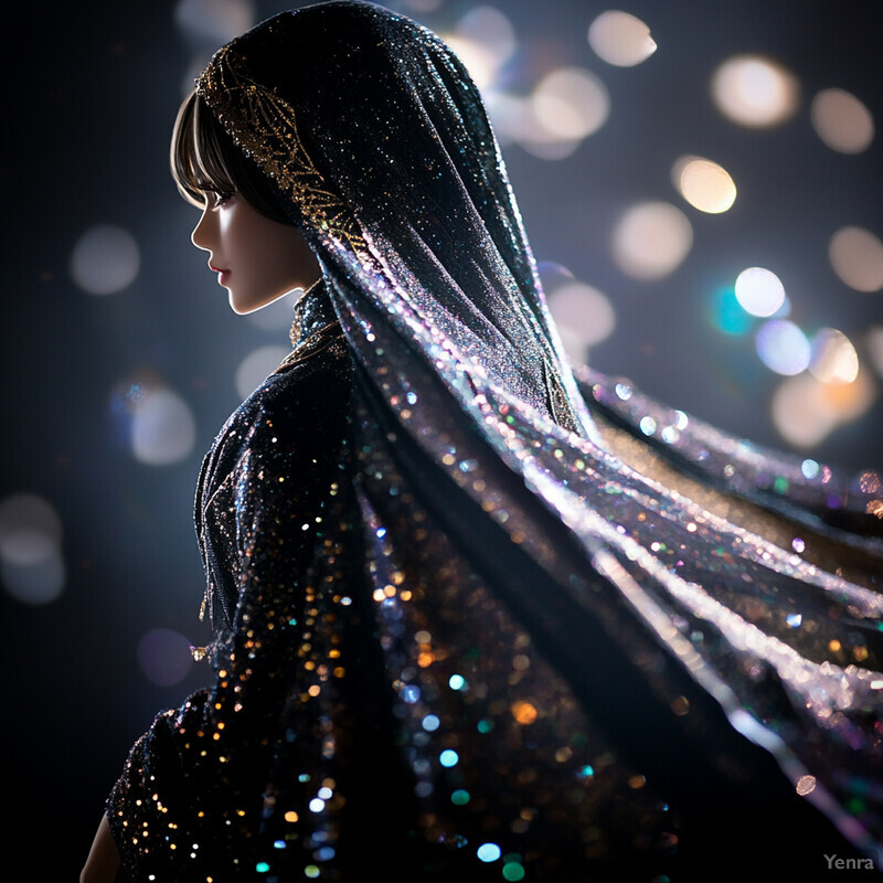 A woman in a black dress and headscarf gazes to her right, surrounded by blurred outdoor scenery.