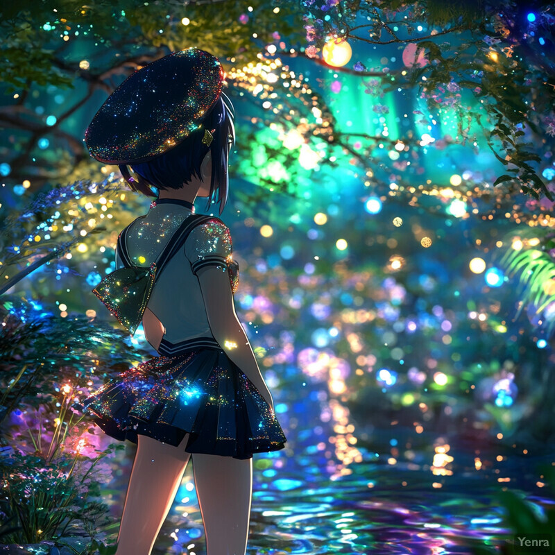 Anime-style girl standing by water, surrounded by foliage.