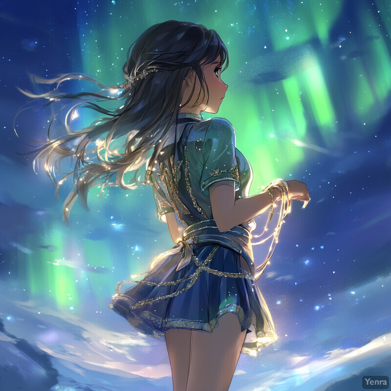 A young woman gazes at an aurora borealis display in the night sky