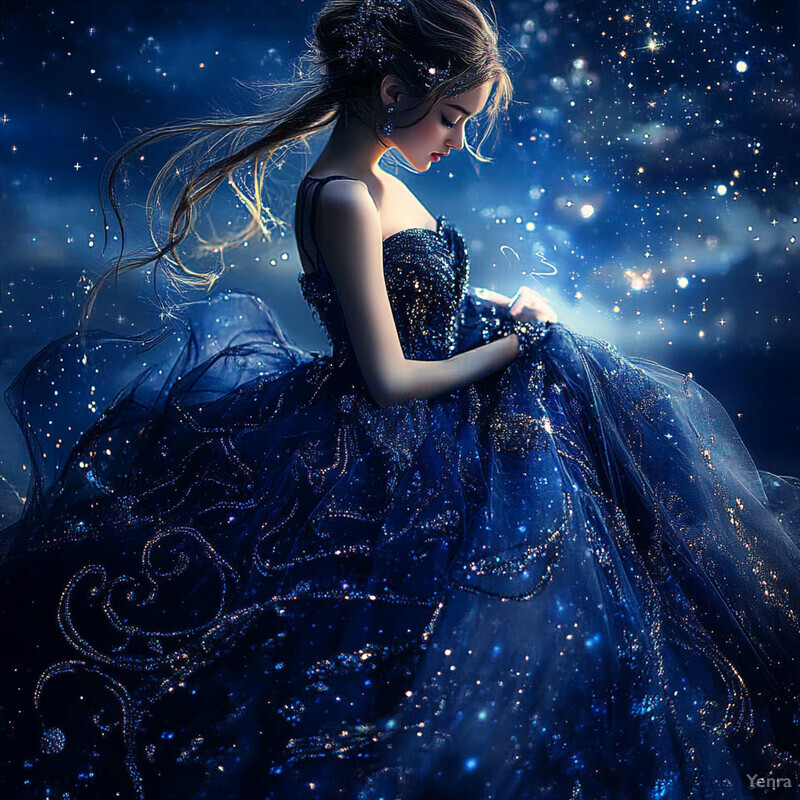 A woman in a blue ballgown with intricate details and sparkling embellishments, set against a soft background.