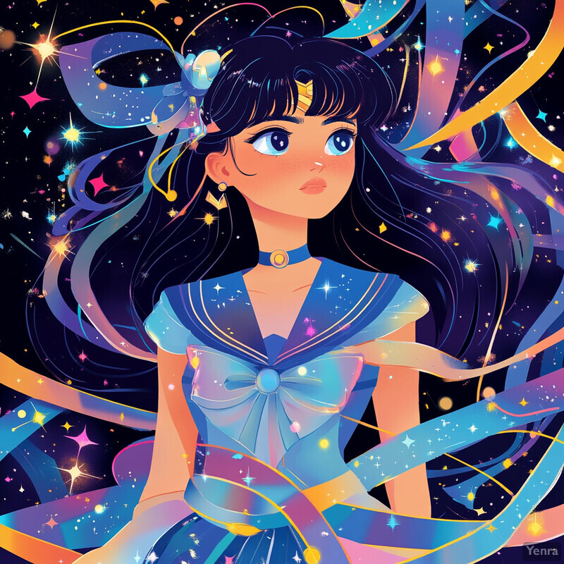 A cartoon character with long black hair and blue sailor-style outfit stands in front of a dark purple or black sky filled with stars and celestial objects.