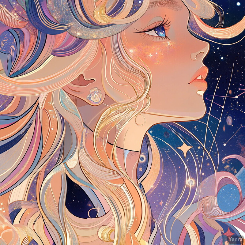 A woman with long hair and blue eyes gazes upwards at a starry night sky