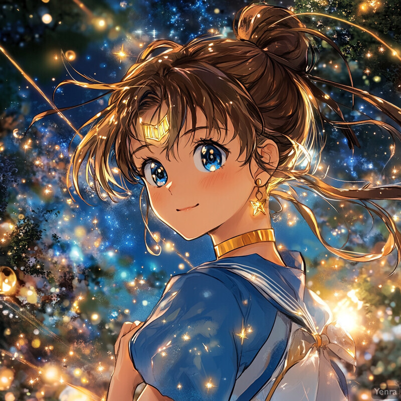 Anime-style illustration of a young woman in a forest at night