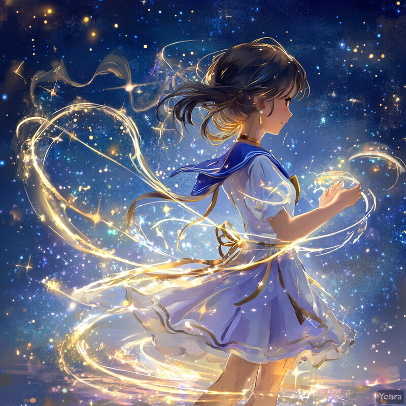 Anime-style illustration of a young girl in a white dress with gold accents, set against a blue background dotted with stars.