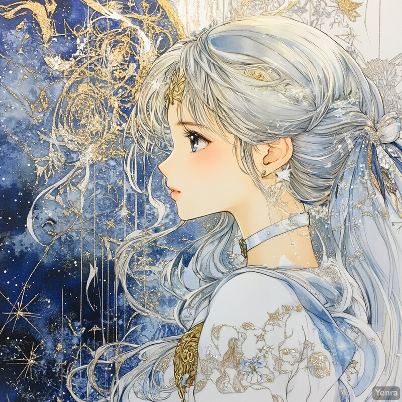 Anime-style illustration of a woman with white hair and blue eyes against a celestial background.