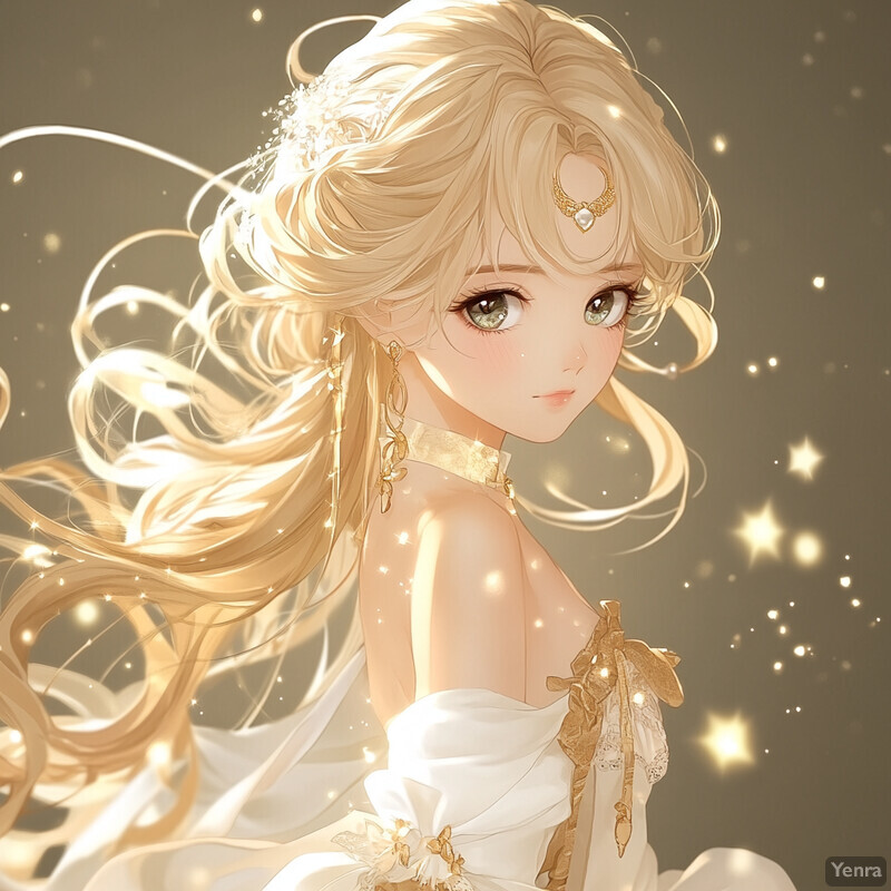 Anime-style illustration of a woman in a white dress with gold accents