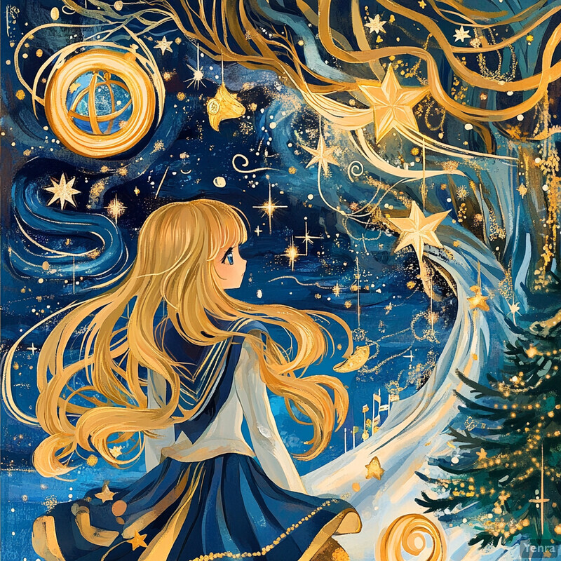 Anime-style illustration of a young girl gazing at a starlit sky