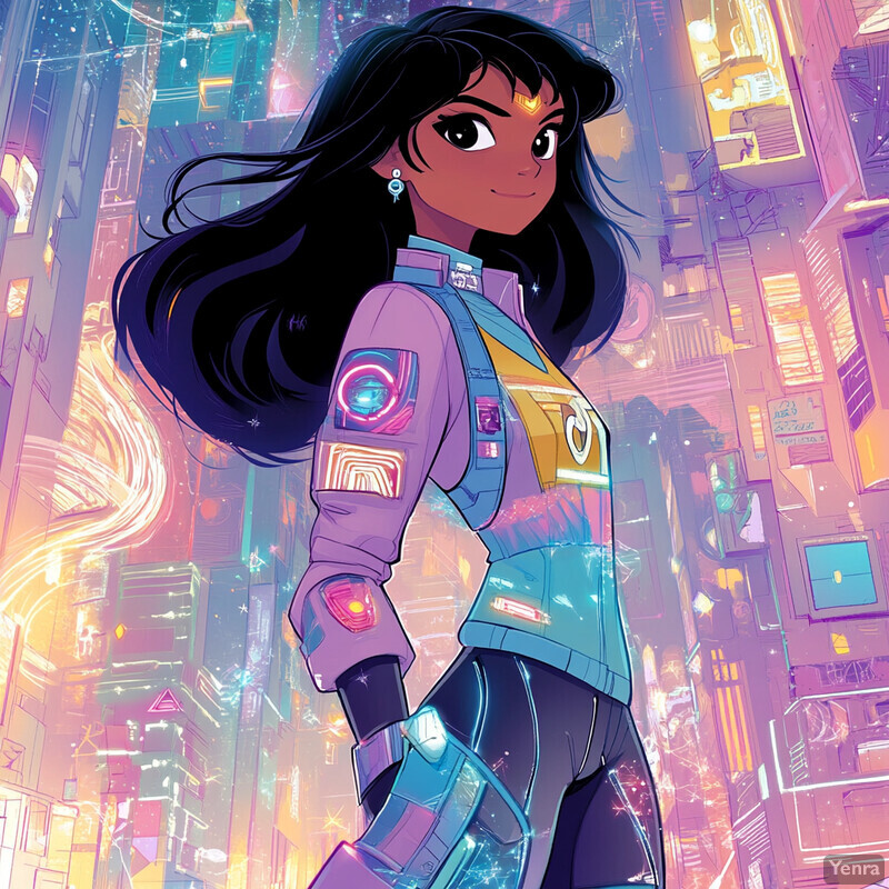 A cartoon-style illustration of a woman in futuristic attire set against a vibrant cityscape backdrop.