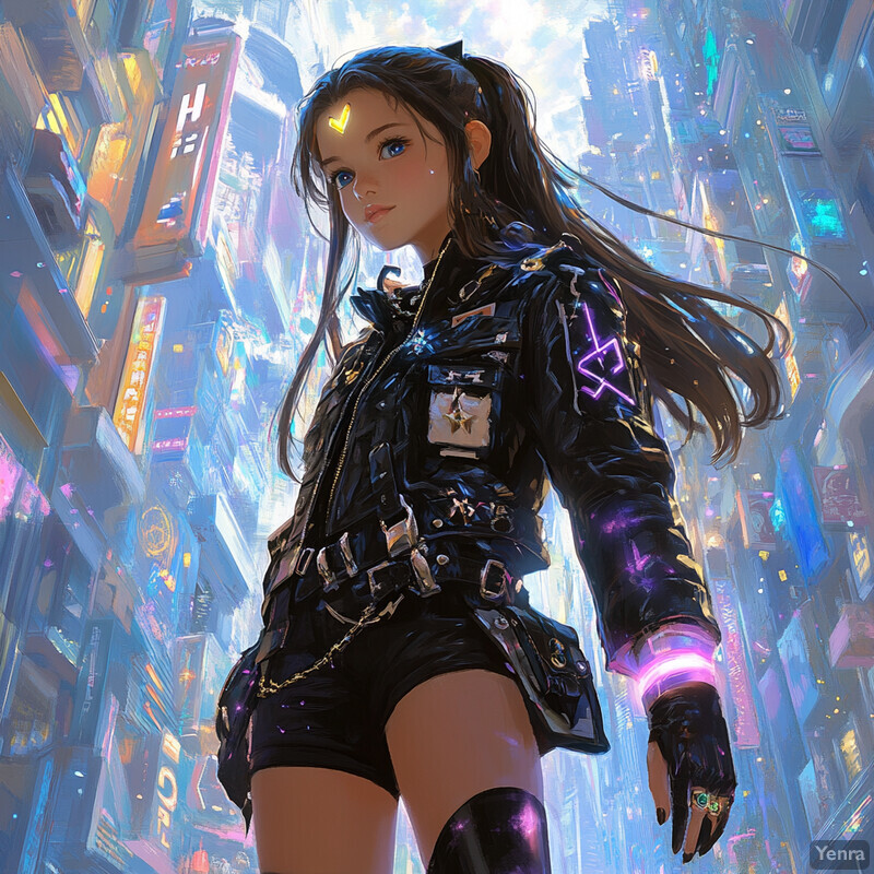 A young woman with long dark hair and black leather jacket stands in front of a cityscape backdrop.