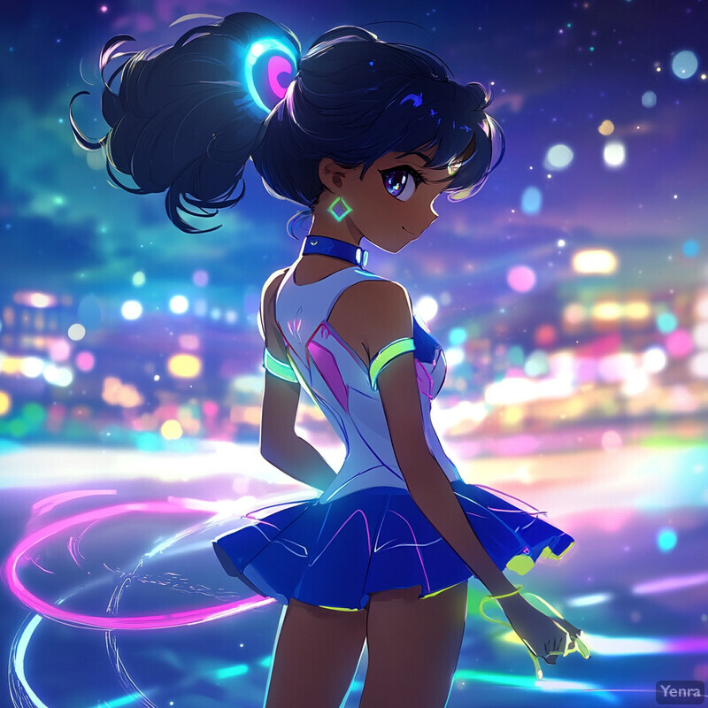 Anime-style illustration of a woman in a white and blue outfit with pink accents, set against a blurred cityscape at night.