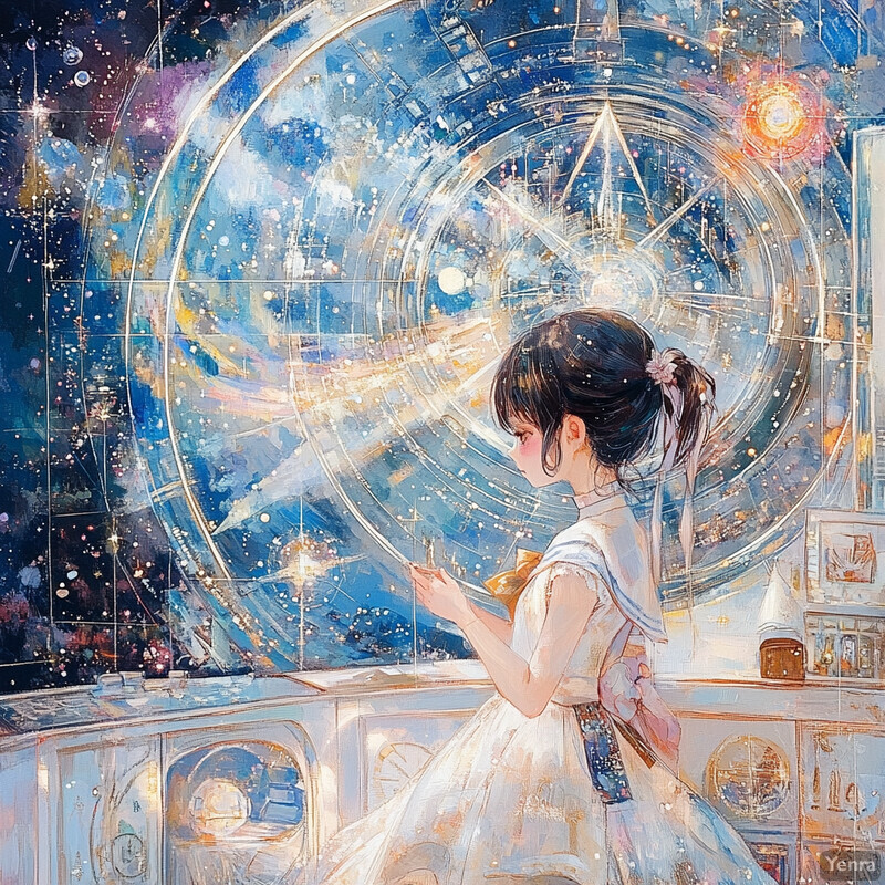 A young girl gazes out at a starry night sky through a window