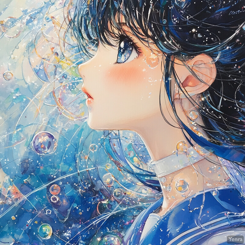 A young girl with long black hair gazes up at a swirling vortex of colors.