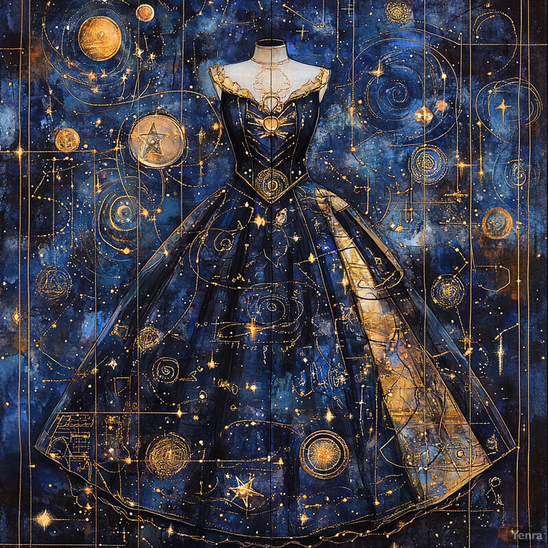 A celestial-themed gown set against a starry backdrop