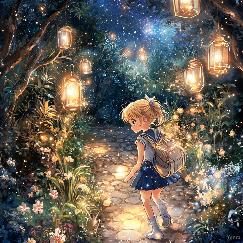 A young girl in a school uniform walks through a forested area surrounded by lanterns.