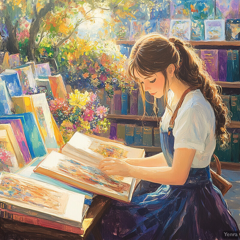 A young woman sits at a desk surrounded by books and flowers, intently focused on her work.