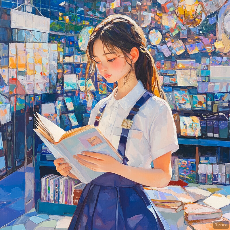 A young girl sits in front of a bookshelf, engrossed in reading a book.