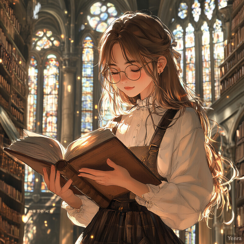 A young woman stands in front of a window surrounded by books, reading an open book intently