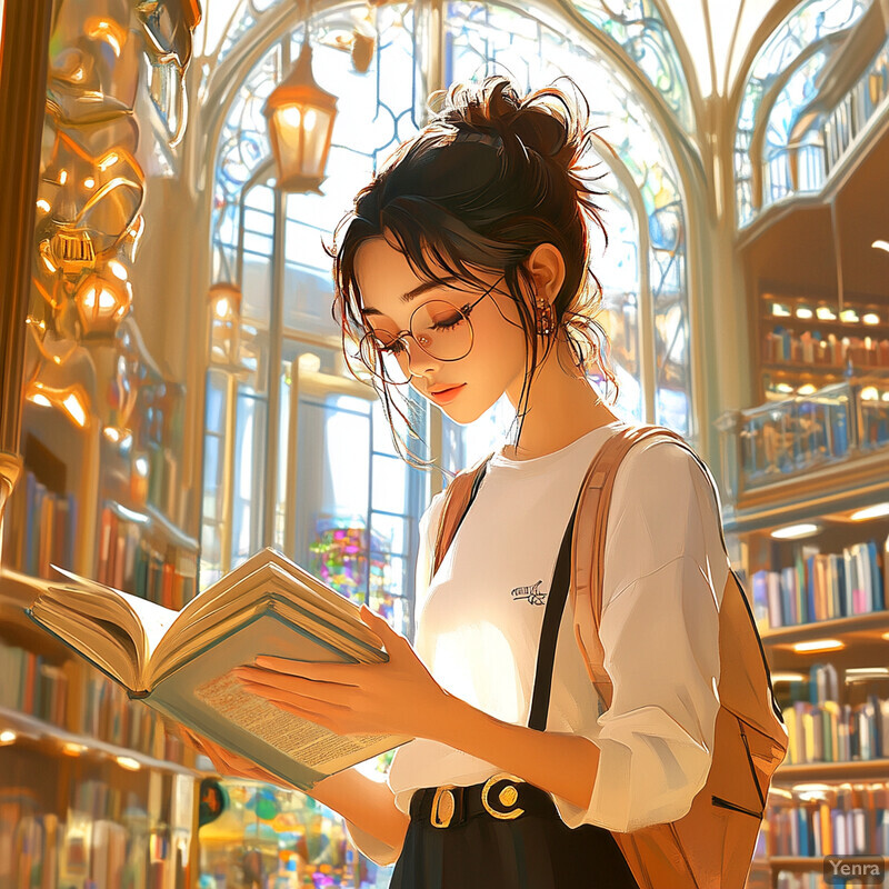 A young woman reads in a library or bookstore