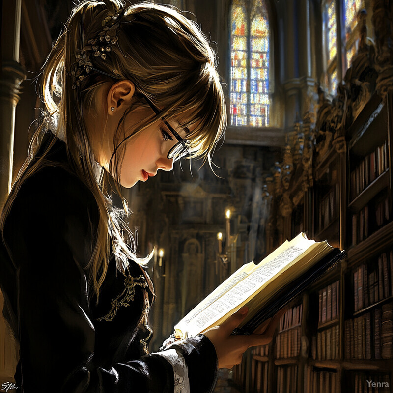 A young woman reads a book in a dimly lit room