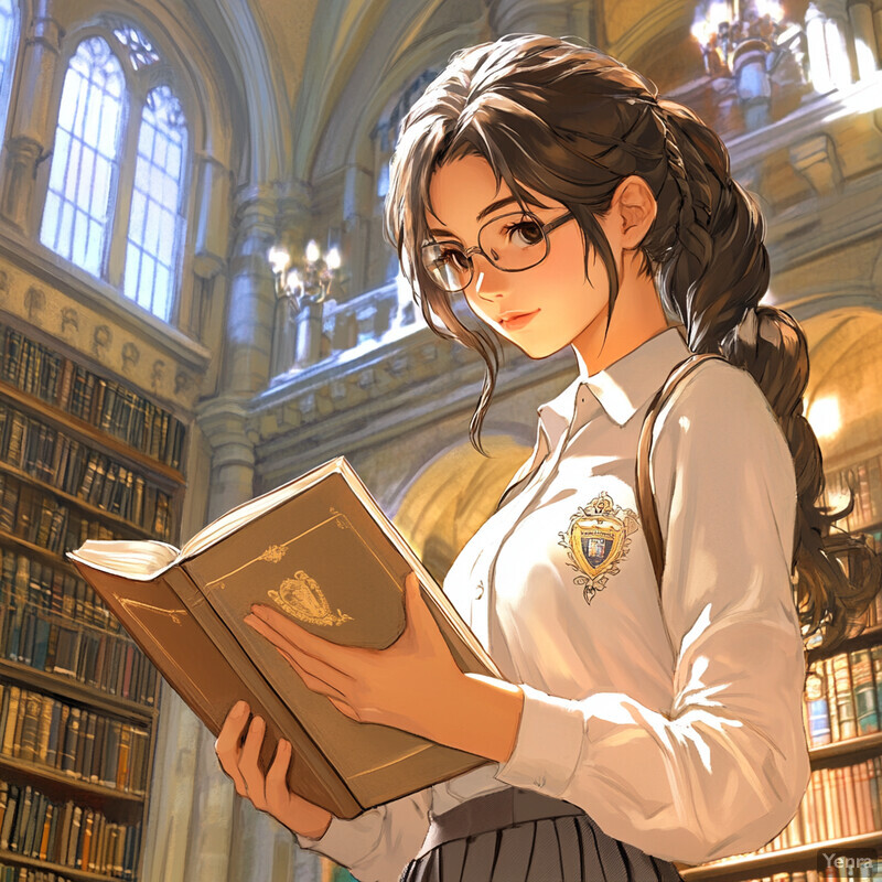 A young woman reads a book in a library