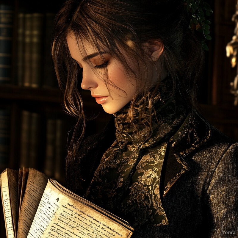 A woman reads an old book in a dimly lit room filled with books.