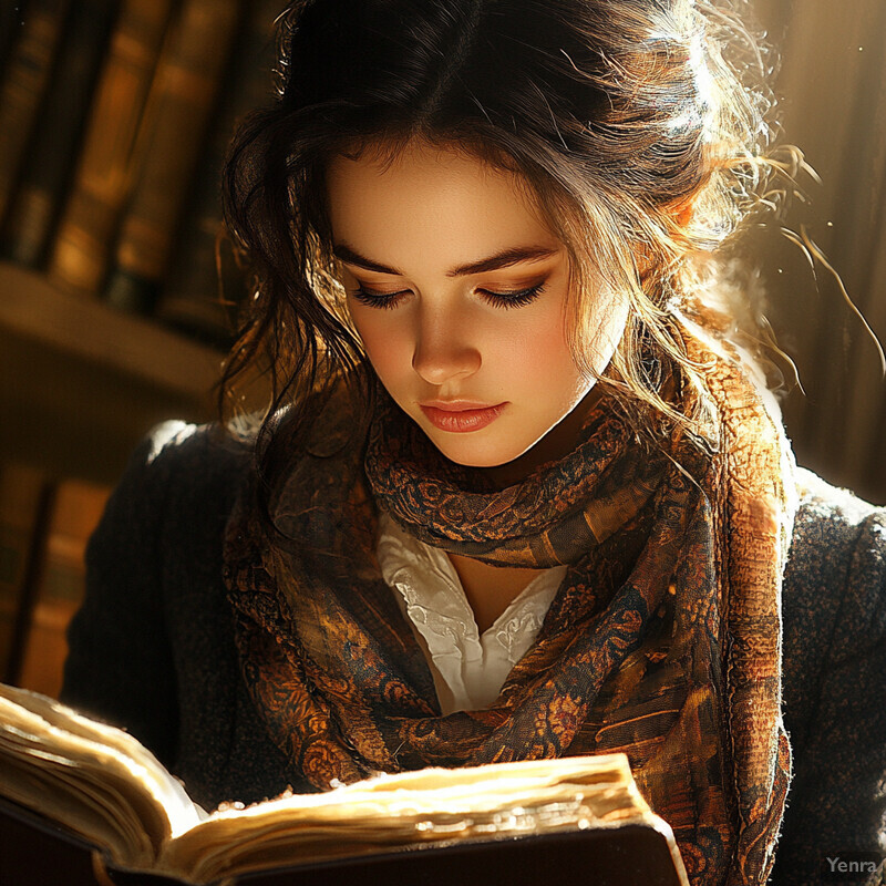 A young woman engrossed in reading an old book